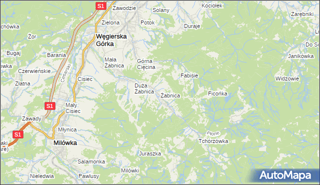 mapa Żabnica gmina Węgierska Górka, Żabnica gmina Węgierska Górka na mapie Targeo