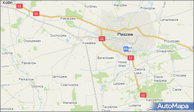 mapa Baranówek gmina Pleszew, Baranówek gmina Pleszew na mapie Targeo