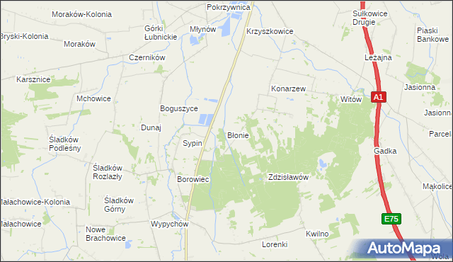 mapa Błonie gmina Piątek, Błonie gmina Piątek na mapie Targeo