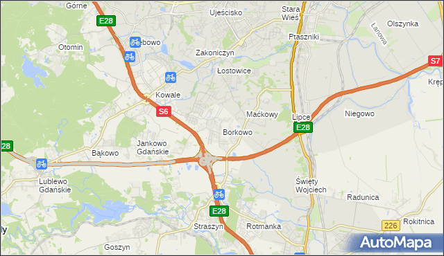 mapa Borkowo gmina Pruszcz Gdański, Borkowo gmina Pruszcz Gdański na mapie Targeo