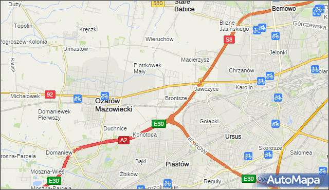 mapa Bronisze gmina Ożarów Mazowiecki, Bronisze gmina Ożarów Mazowiecki na mapie Targeo