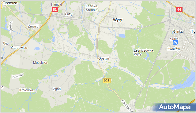 mapa Gostyń gmina Wyry, Gostyń gmina Wyry na mapie Targeo