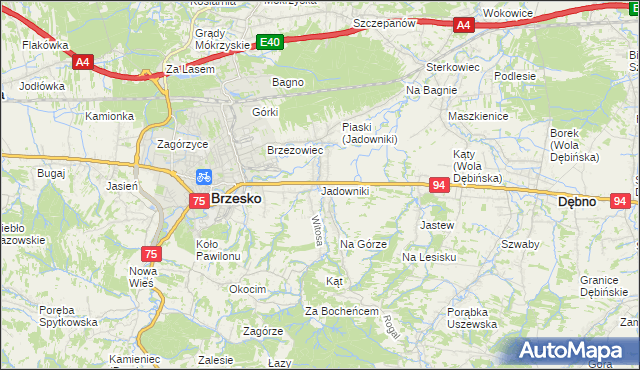 mapa Jadowniki gmina Brzesko, Jadowniki gmina Brzesko na mapie Targeo
