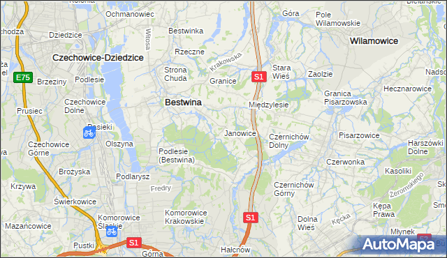 mapa Janowice gmina Bestwina, Janowice gmina Bestwina na mapie Targeo