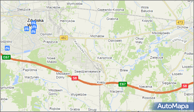 mapa Karsznice gmina Zduńska Wola, Karsznice gmina Zduńska Wola na mapie Targeo
