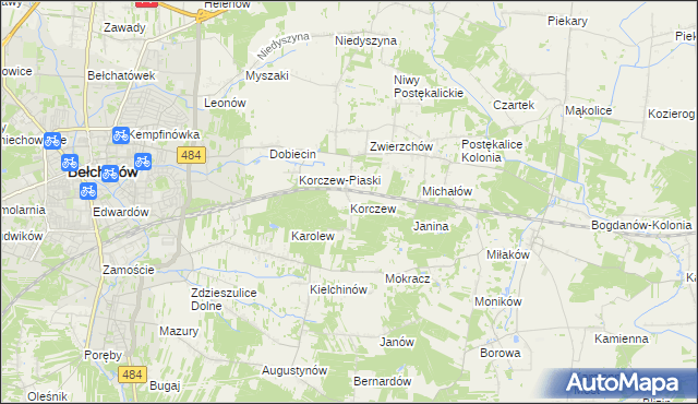 mapa Korczew gmina Bełchatów, Korczew gmina Bełchatów na mapie Targeo