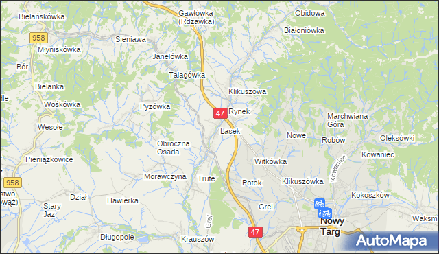 mapa Lasek gmina Nowy Targ, Lasek gmina Nowy Targ na mapie Targeo