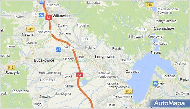 mapa Łodygowice powiat żywiecki, Łodygowice powiat żywiecki na mapie Targeo