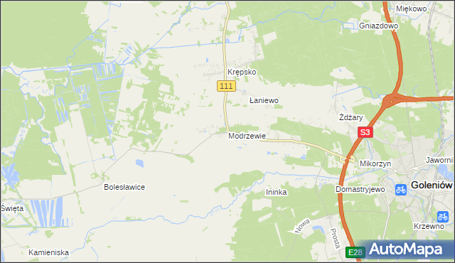 mapa Modrzewie gmina Goleniów, Modrzewie gmina Goleniów na mapie Targeo