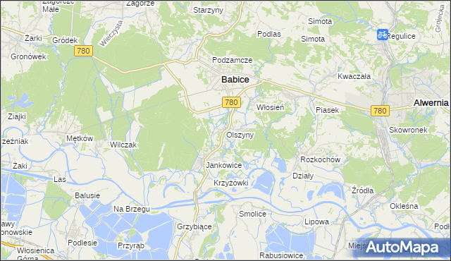 mapa Olszyny gmina Babice, Olszyny gmina Babice na mapie Targeo