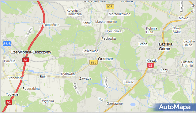 mapa Orzesze powiat mikołowski, Orzesze powiat mikołowski na mapie Targeo