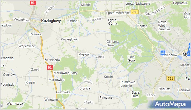 mapa Osiek gmina Koziegłowy, Osiek gmina Koziegłowy na mapie Targeo