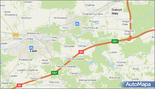 mapa Ostrów gmina Łask, Ostrów gmina Łask na mapie Targeo