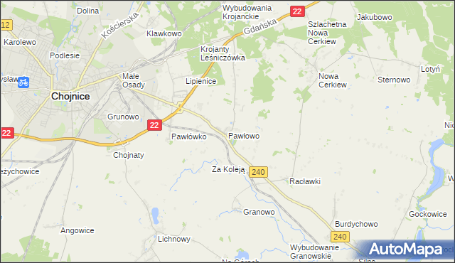 mapa Pawłowo gmina Chojnice, Pawłowo gmina Chojnice na mapie Targeo