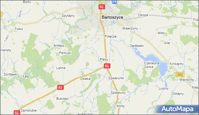 mapa Plęsy gmina Bartoszyce, Plęsy gmina Bartoszyce na mapie Targeo