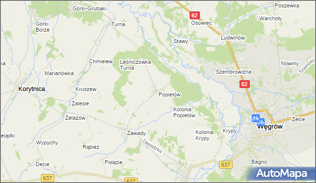 mapa Popielów gmina Liw, Popielów gmina Liw na mapie Targeo