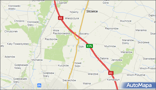 mapa Sójki gmina Strzelce, Sójki gmina Strzelce na mapie Targeo