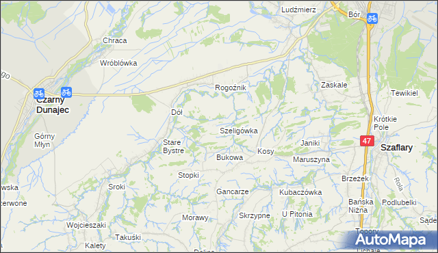 mapa Szeligówka gmina Czarny Dunajec, Szeligówka gmina Czarny Dunajec na mapie Targeo