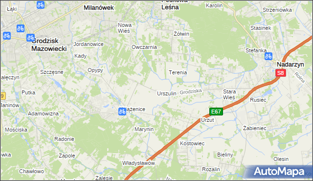 mapa Urszulin gmina Grodzisk Mazowiecki, Urszulin gmina Grodzisk Mazowiecki na mapie Targeo