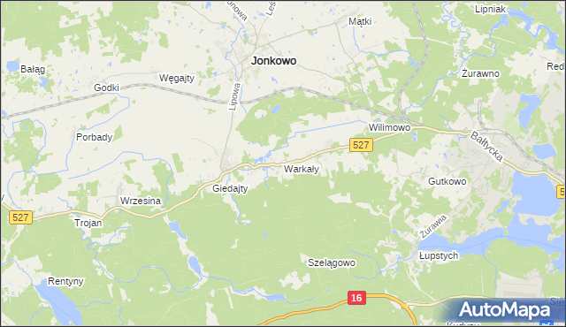 mapa Warkały gmina Jonkowo, Warkały gmina Jonkowo na mapie Targeo