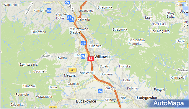 mapa Wilkowice powiat bielski, Wilkowice powiat bielski na mapie Targeo