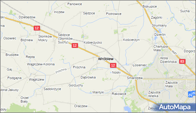 mapa Wróblew powiat sieradzki, Wróblew powiat sieradzki na mapie Targeo