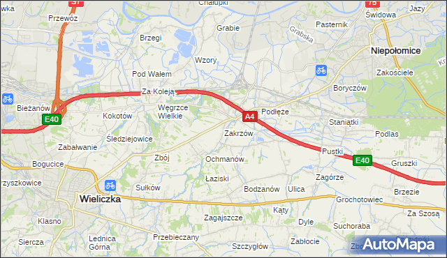 mapa Zakrzów gmina Niepołomice, Zakrzów gmina Niepołomice na mapie Targeo