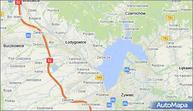 mapa Zarzecze gmina Łodygowice, Zarzecze gmina Łodygowice na mapie Targeo