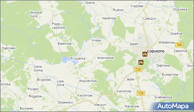 mapa Antonielów gmina Łopuszno, Antonielów gmina Łopuszno na mapie Targeo