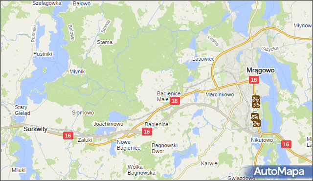 mapa Bagienice Małe gmina Mrągowo, Bagienice Małe gmina Mrągowo na mapie Targeo