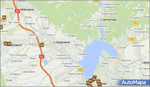 mapa Bierna gmina Łodygowice, Bierna gmina Łodygowice na mapie Targeo