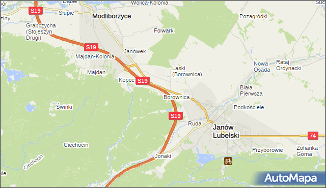 mapa Borownica gmina Janów Lubelski, Borownica gmina Janów Lubelski na mapie Targeo