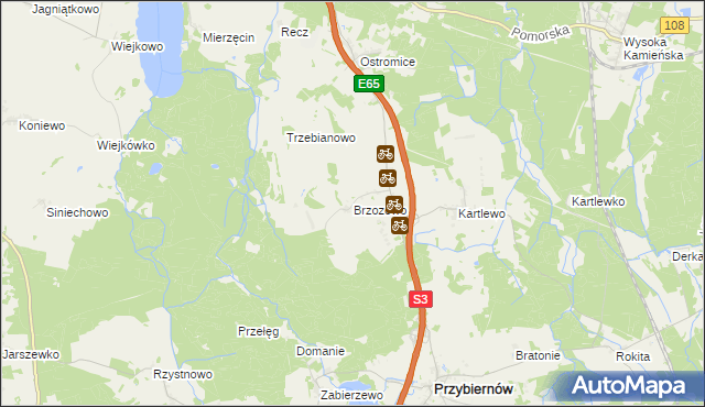 mapa Brzozowo gmina Przybiernów, Brzozowo gmina Przybiernów na mapie Targeo