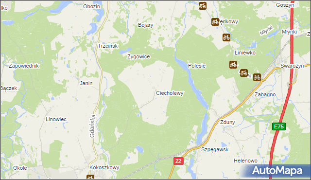 mapa Ciecholewy gmina Starogard Gdański, Ciecholewy gmina Starogard Gdański na mapie Targeo