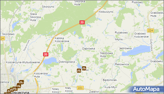mapa Dąbrówka gmina Kościerzyna, Dąbrówka gmina Kościerzyna na mapie Targeo