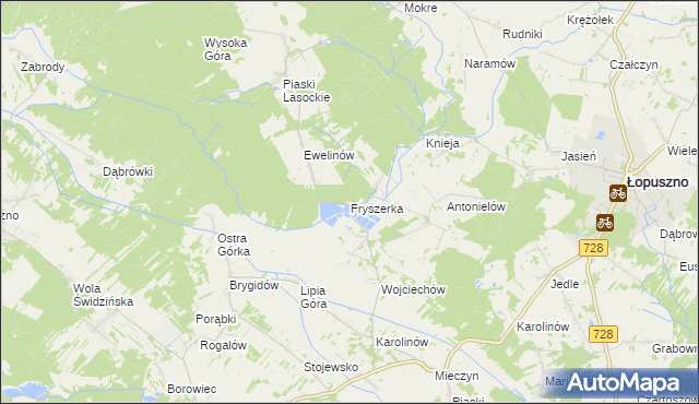 mapa Fryszerka gmina Łopuszno, Fryszerka gmina Łopuszno na mapie Targeo