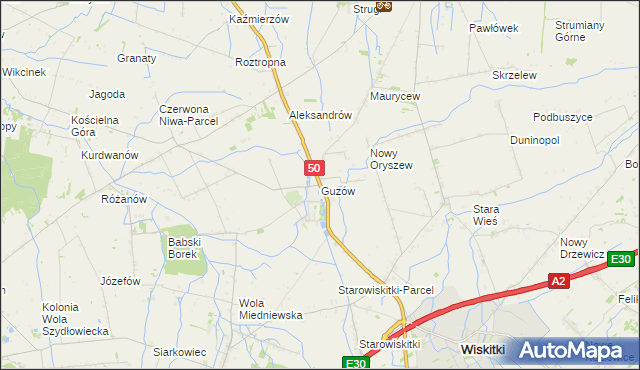 mapa Guzów gmina Wiskitki, Guzów gmina Wiskitki na mapie Targeo