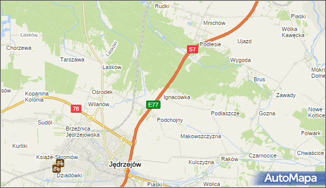mapa Ignacówka gmina Jędrzejów, Ignacówka gmina Jędrzejów na mapie Targeo