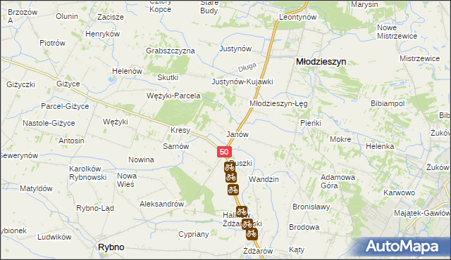 mapa Janów gmina Młodzieszyn, Janów gmina Młodzieszyn na mapie Targeo
