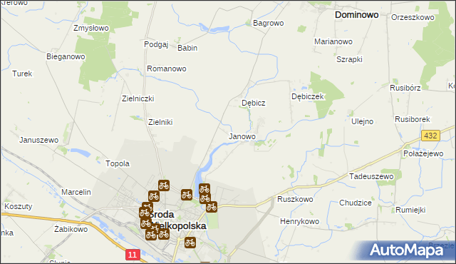 mapa Janowo gmina Środa Wielkopolska, Janowo gmina Środa Wielkopolska na mapie Targeo