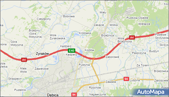 mapa Kozłów gmina Dębica, Kozłów gmina Dębica na mapie Targeo