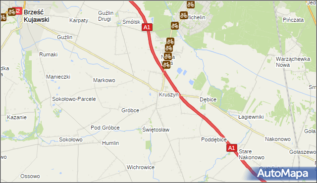 mapa Kruszyn gmina Włocławek, Kruszyn gmina Włocławek na mapie Targeo