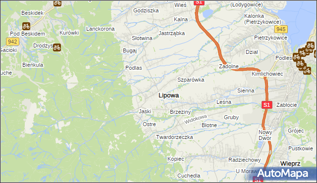mapa Lipowa powiat żywiecki, Lipowa powiat żywiecki na mapie Targeo
