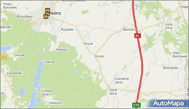 mapa Mirotki gmina Skórcz, Mirotki gmina Skórcz na mapie Targeo