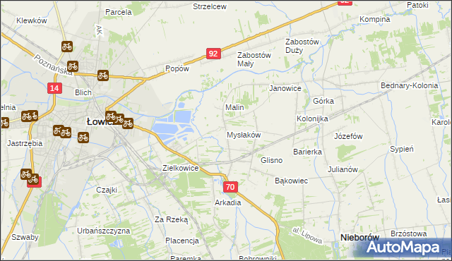 mapa Mysłaków gmina Nieborów, Mysłaków gmina Nieborów na mapie Targeo