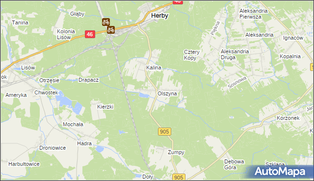 mapa Olszyna gmina Herby, Olszyna gmina Herby na mapie Targeo