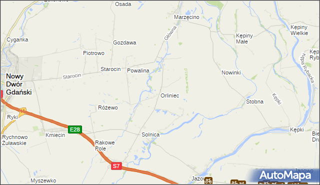 mapa Orliniec gmina Nowy Dwór Gdański, Orliniec gmina Nowy Dwór Gdański na mapie Targeo