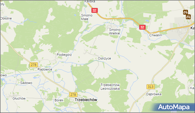 mapa Ostrzyce gmina Trzebiechów, Ostrzyce gmina Trzebiechów na mapie Targeo