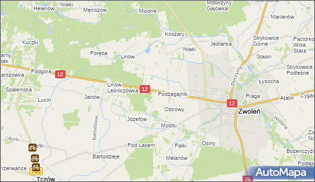 mapa Podzagajnik gmina Zwoleń, Podzagajnik gmina Zwoleń na mapie Targeo