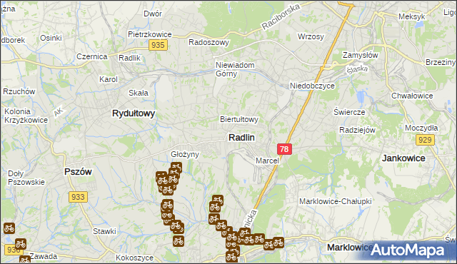 mapa Radlin powiat wodzisławski, Radlin powiat wodzisławski na mapie Targeo